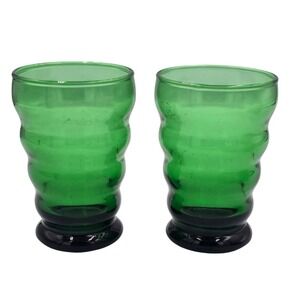 Anchor Hocking Juice Glass Tumblers Forest Green Whirly Twirly Ripple Set of 2